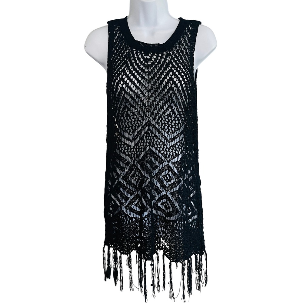 Womens Y2K Whimsigoth Boho Crochet Open Knit Fringe Tunic Top S Mesh Witchy Emo